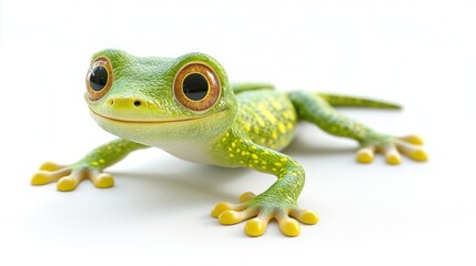 Obraz premium Smiling Green Lizard Crawling Forward on Clean White Surface, Spotlight Lighting