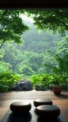 Serene View of Lush Green Landscape Through Open Doorway With Natural Light Filtering In