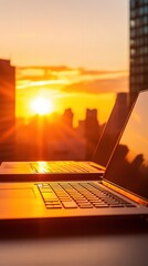 Silhouette of Two Laptops Against the Backdrop of a Stunning Sunset in an Urban Setting