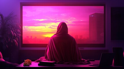 Silhouette of a Person Sitting by a Window Watching a Vibrant Sunset Over a Cityscape