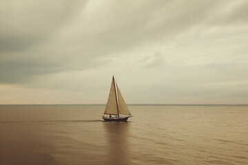 Obraz premium A lone sailboat sailing on a calm ocean at sunset.