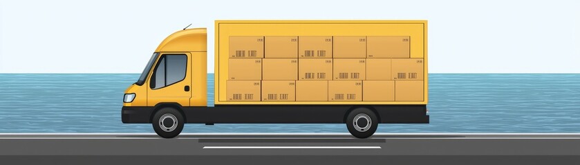 Yellow Truck Carrying Packages by the Ocean