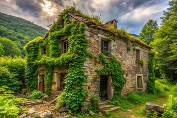 Fototapeta premium Overgrown Abandoned Village House, Rustic Decaying Cottage in Wild Thicket, Nature Reclaiming Old Building, Weathered Stone Structure, Rural Landscape Photography