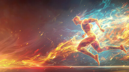 Naklejka premium dynamic and powerful 3D rendering of person running, surrounded by vibrant flames and energy. image conveys sense of speed and intensity, showcasing blend of colors and motion