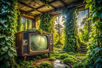 Overgrown Vintage TV: Nature Reclaims Technology - Urban Exploration Stock Photo