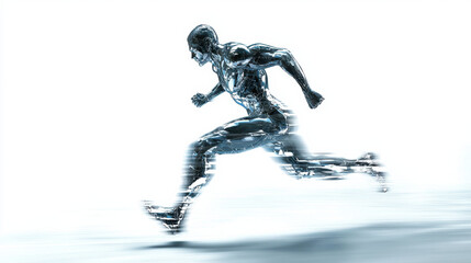 dynamic and powerful 3D rendering of metallic humanoid figure running swiftly, showcasing motion and energy in futuristic style