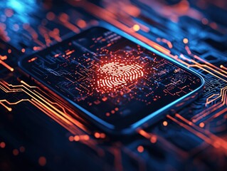 Smartphone with Fingerprint Sensor on Circuit Board Background Illuminated in Blue and Orange