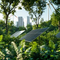 Solar Energy Panels Amidst Lush Greenery and Urban Skyline with Wind Turbines