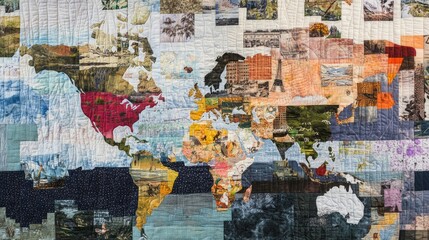 Fototapeta premium Colorful quilted world map showcasing various landscapes and cultures with intricate details