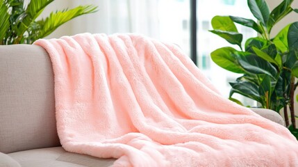 Soft Pink Fluffy Blanket Draped Over Modern Sofa in a Bright Living Room with Green Plants