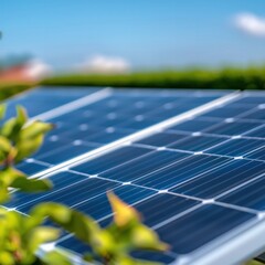 Solar Panels Generating Renewable Energy in an Outdoor Green Environment Under Blue Sky