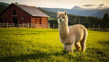 Obraz premium Cute Alpaca in Scenic Farm Landscape at Golden Hour
