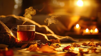 Steaming Cup of Tea on a Cozy Blanket Surrounded by Autumn Leaves and Candlelight
