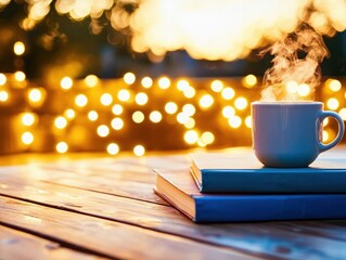 Steaming Coffee Cup on Stack of Books with Blurred Golden Lights in the Background