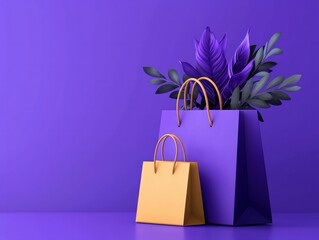 Stylish Purple Shopping Bags with Decorative Plant Arrangement on Vibrant Background