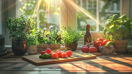Sunlit Kitchen Counter with Fresh Vegetables and Herbs in Nature