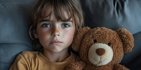 child with serious expression, holding teddy bear, sitting on couch