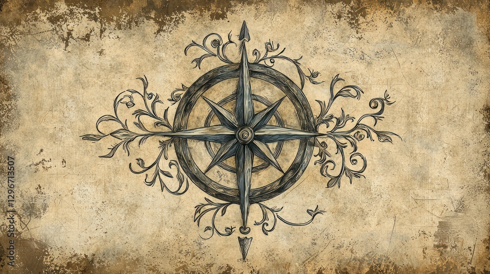 Poster a compass drawing with artistic embellishments, such as vines and scrollwork.