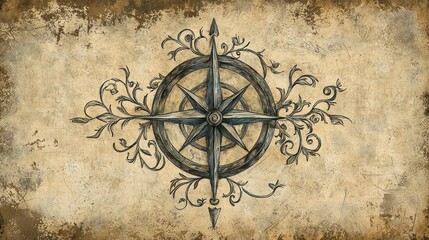Naklejka premium A compass drawing with artistic embellishments, such as vines and scrollwork.