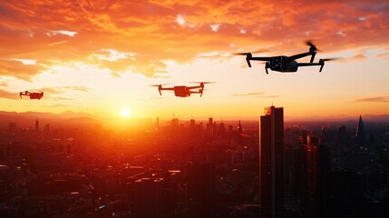Three Drones Flying Above City Skyline at Sunset with Dramatic Clouds in Background