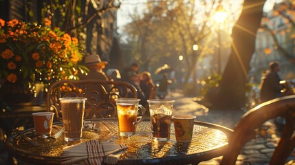 Warm Morning Café Scene with Drinks in Cozy Outdoor Setting