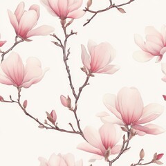 Obraz premium Delicate Pink Magnolias Branch Watercolor Floral Seamless Pattern Design Graceful Elegance Springtime