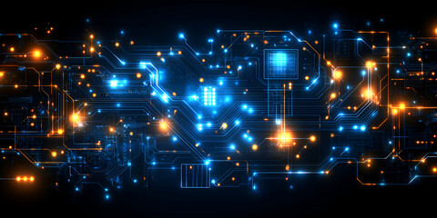 Obraz premium vibrant digital circuit board pattern with glowing blue and orange lights