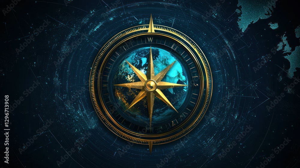 Poster a compass illustration with a globe in the center, symbolizing global navigation.