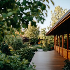 Tranquil Wooden Deck Overlooking Lush Green Garden and Bright Blue Sky on a Sunny Day