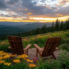 Two Wooden Chairs Overlooking Colorful Wildflowers and Sunset in a Mountain Landscape