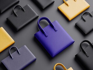 Variety of Glossy Fashion Bags in Textured Finishes Displayed on Dark Background