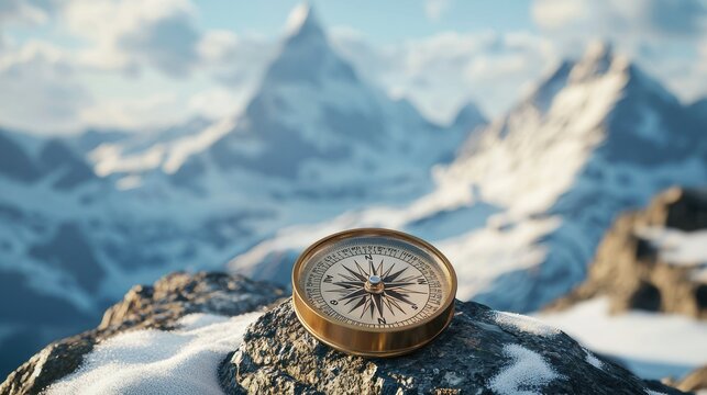 A compass pointing north, with a snow-covered mountain in the background.