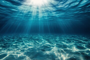 underwater view of the ocean floor, with sunlight filtering through clear water to create ripples on its surface