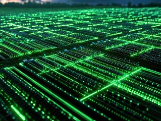 Vibrant Green Illuminated Digital Grid Landscape Representing Modern Technology