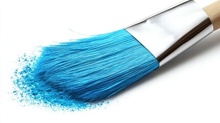 Paint brush dipping into bright blue paint with colorful splashes and creative artistic expression