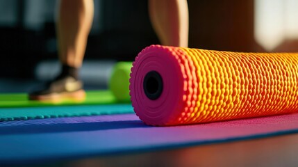 Vibrant Foam Roller on Colorful Exercise Mats in a Bright Fitness Studio