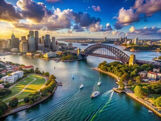 Naklejka premium Panoramic Aerial View of Sydney Cityscape, Harbour Bridge & Lavender Bay from North Sydney