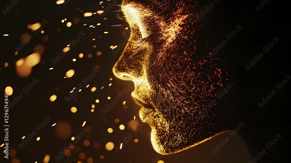 Poster sparkling profile of a human face with fiery particles and light