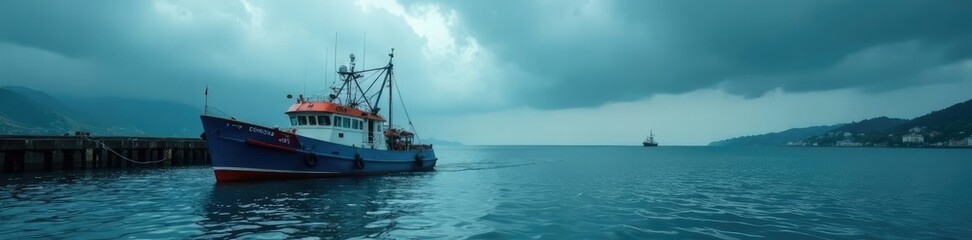 Fishing boat moored in a harbour during stormy weather, grey-blue sky, fishing, boat