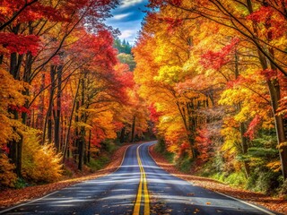 Obraz premium Panoramic Autumn Road: Tunnel of Fall Foliage, Vibrant Colors, Scenic Drive