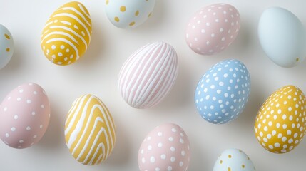 Obraz premium Pastel Pink Blue Yellow Easter Eggs with Various Patterns on White Background