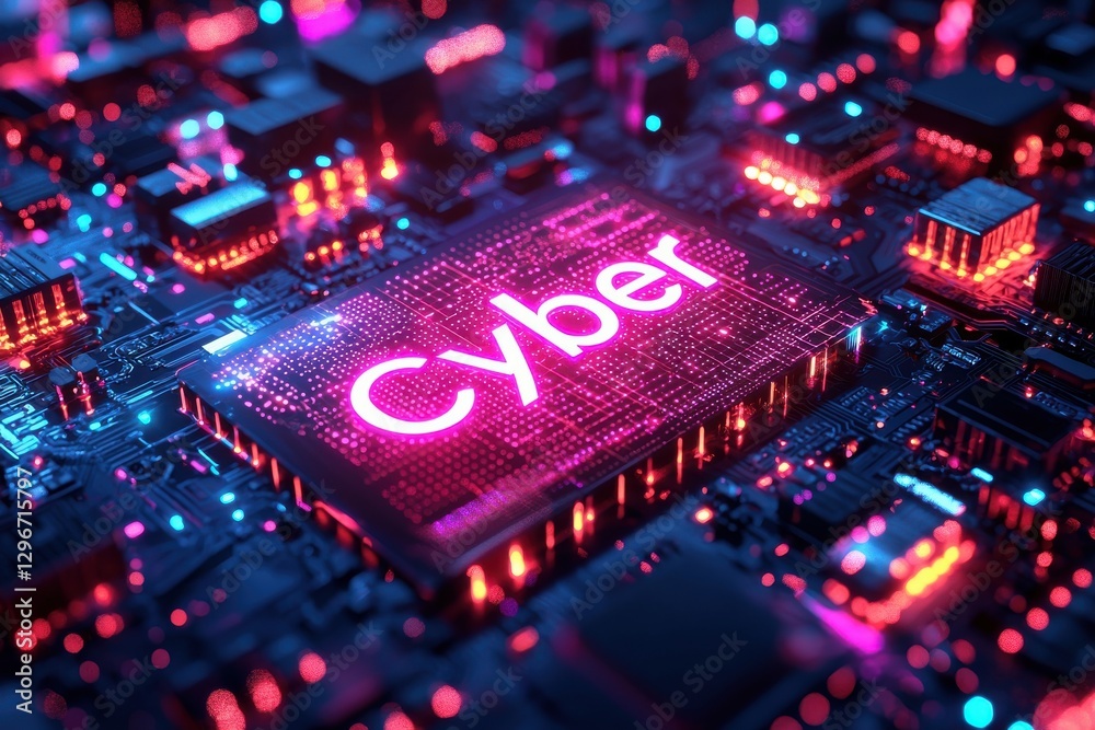 Wall mural cybersecurity concept with glowing circuit boards and data protection elements