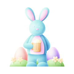 Fototapeta premium Easter Bunny Watercolor Clipart, Cute pastel bunny holding a drink, surrounded by colorful eggs and flowers, perfect for Easter themes.