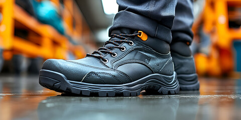 close up of durable safety boots worn by worker in industrial setting