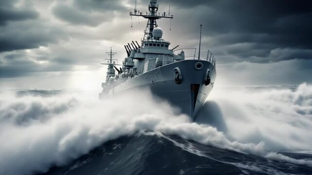 Naval Might: A majestic warship fearlessly cuts through turbulent, storm-tossed ocean waves. Its imposing presence and advanced technology embody the power and resilience of the modern navy. 