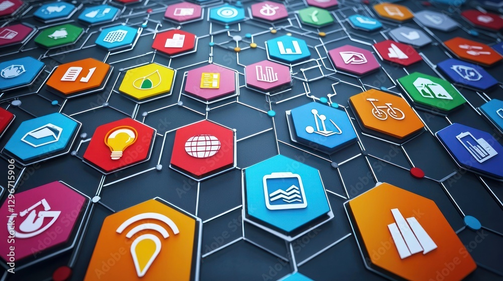 Poster A comprehensive business icon set displayed in a hexagonal pattern, with each icon representing themes like strategy and marketing.