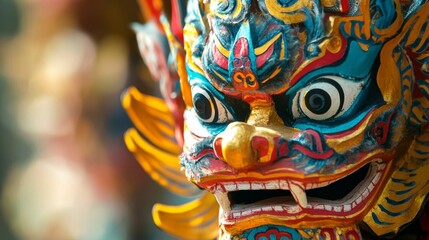 Fototapeta premium Colorful traditional mask with intricate designs displayed at a cultural festival in vibrant surroundings
