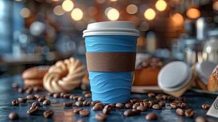 Blue Coffee Cup Surrounded by Pastries and Coffee Beans on Table
