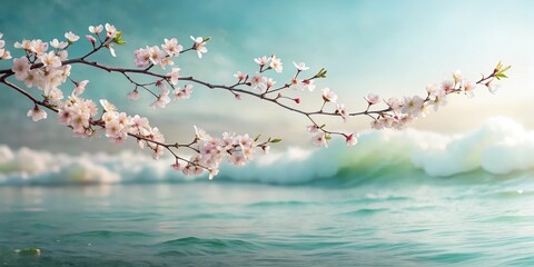 Fototapeta premium Delicate cherry blossom branches intertwined with gentle ocean waves on a subtle gradient background, creating a serene and peaceful atmosphere , minimalist, nature