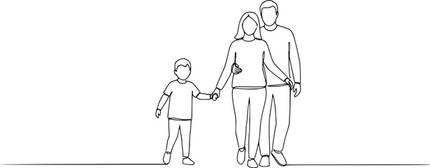 Single continuous line drawing child and parents walk together. Global Day Parent Concept
